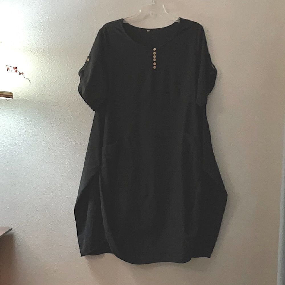 BOHO dress linen/cotton blend pullover button detail pockets relax fit women M